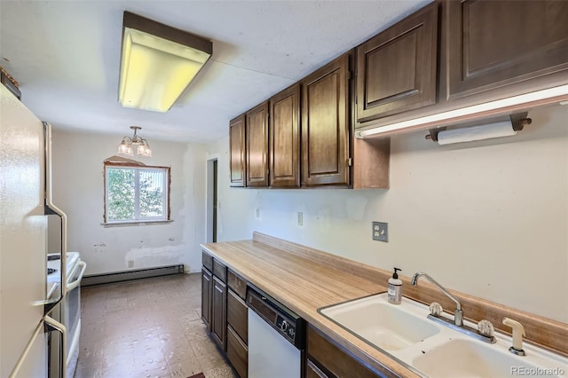 kitchen featuring white appliances, dark brown cabinetry, a baseboard radiator, and sink