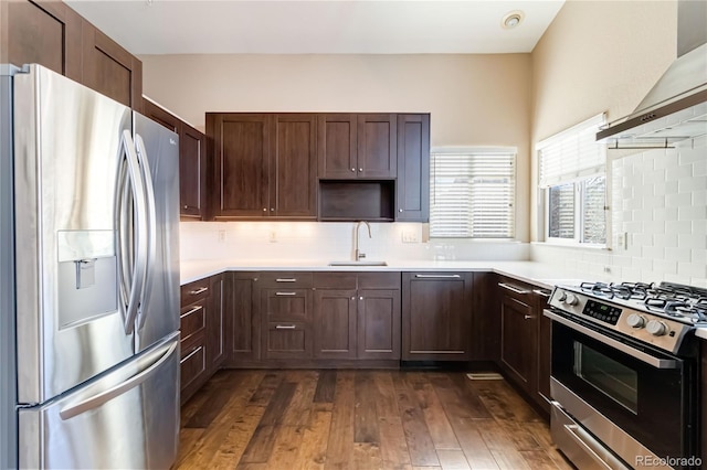 kitchen featuring appliances with stainless steel finishes, tasteful backsplash, extractor fan, sink, and dark hardwood / wood-style floors