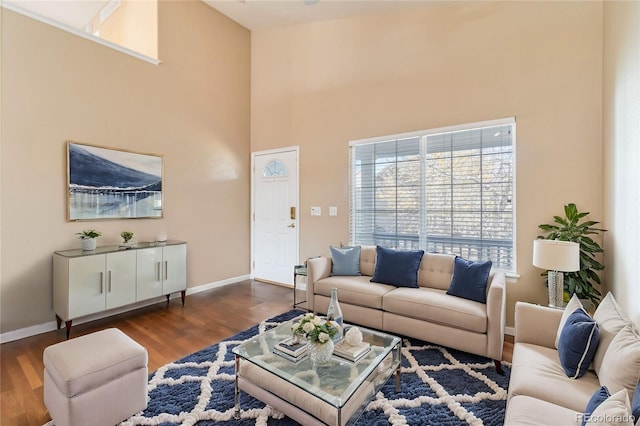 living room with a high ceiling and dark wood-type flooring