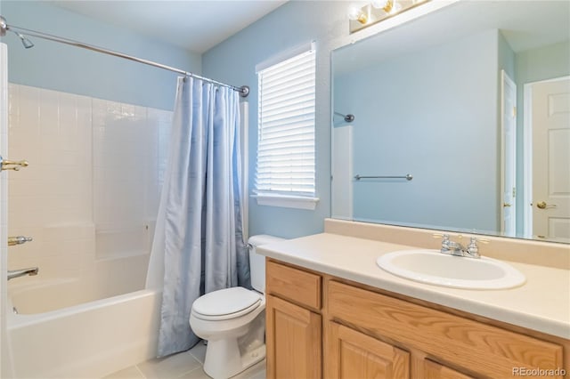 full bathroom featuring toilet, shower / tub combo with curtain, tile patterned flooring, and vanity