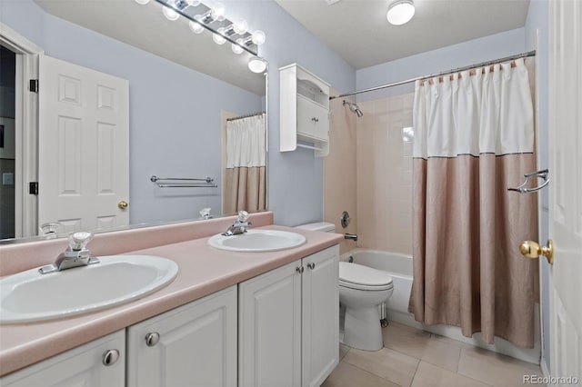 329 Bobcat Pt, Lafayette, CO 80026 - full bathroom with tile patterned floors, double vanity, and shower / bath combo with shower curtain
