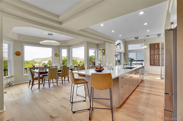 165 Washington St, Golden, CO 80403 - kitchen featuring freestanding refrigerator, a sink, modern cabinets, a large island with sink, and light countertops