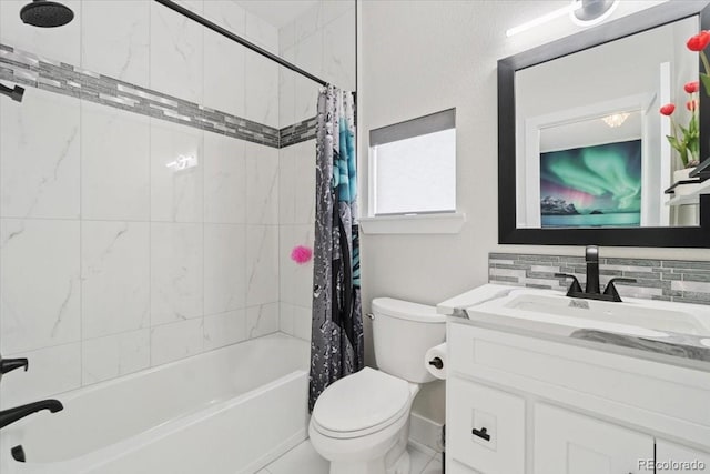 27250 E Nova Cir, Aurora, CO 80016 - bathroom featuring toilet, shower / bath combo with shower curtain, vanity, and decorative backsplash