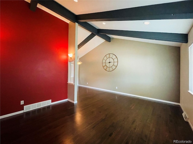 unfurnished room with lofted ceiling with beams and hardwood / wood-style flooring