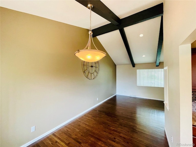 unfurnished room with lofted ceiling with beams and dark wood-type flooring