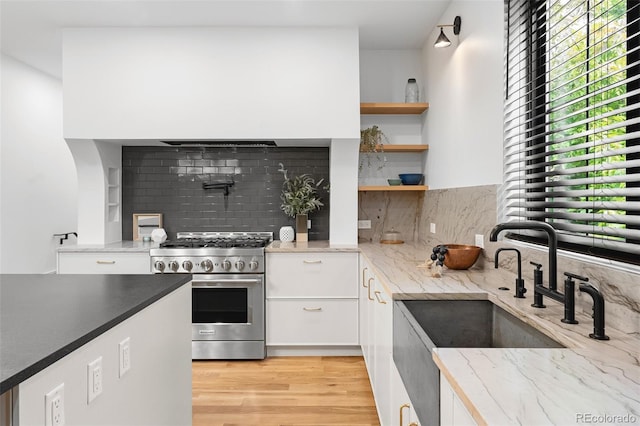 659 Albion St, Denver, CO 80220 - kitchen featuring stainless steel gas stove, white cabinets, backsplash, and a sink