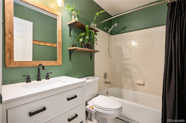 bathroom with shower / tub combo, a textured wall, vanity, and toilet