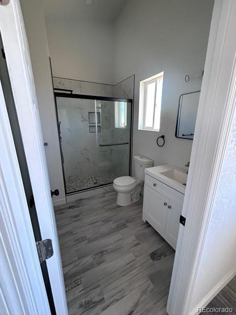 bathroom featuring vanity, toilet, a shower with door, and wood-type flooring