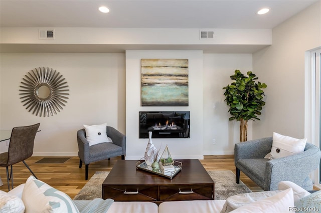3408 W 18th Ave, Denver, CO 80204 - living room with wood finished floors, a warm lit fireplace, and recessed lighting