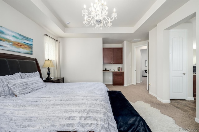 27029 E Irish Pl, Aurora, CO 80016 - bedroom featuring light carpet, a chandelier, baseboards, and a tray ceiling