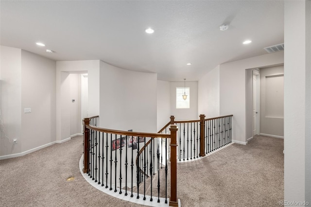 27029 E Irish Pl, Aurora, CO 80016 - hall with an upstairs landing, carpet floors, baseboards, and recessed lighting