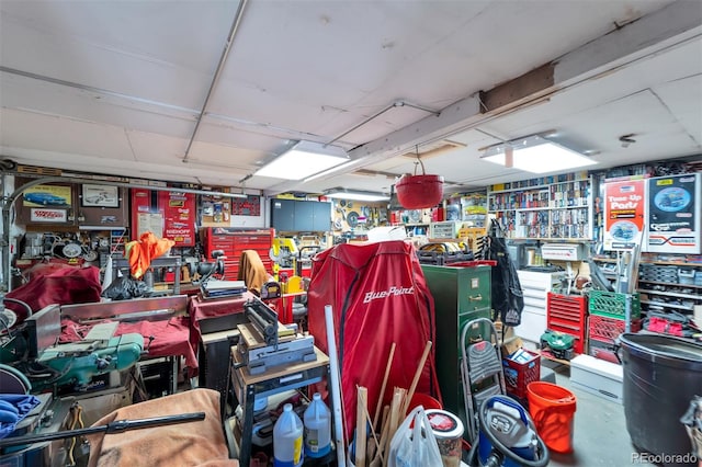 garage with a workshop area