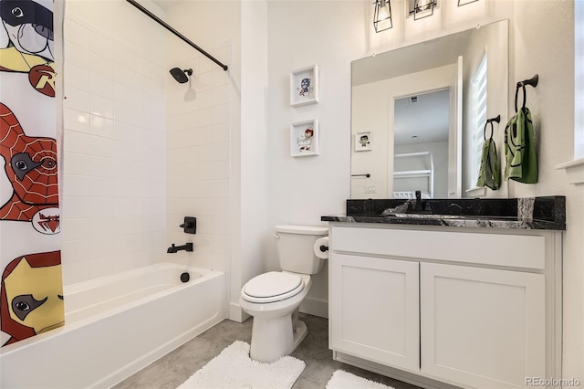 full bathroom featuring tile patterned flooring, vanity, toilet, and shower / bathtub combination with curtain