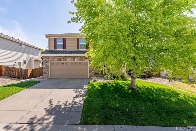 13180 Jasmine St, Thornton, CO 80602 - view of property hidden behind natural elements with concrete driveway, a garage, and brick siding