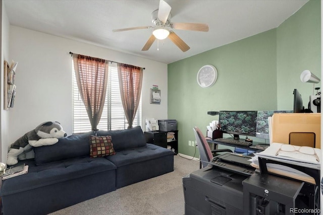 home office with baseboards, carpet floors, and ceiling fan