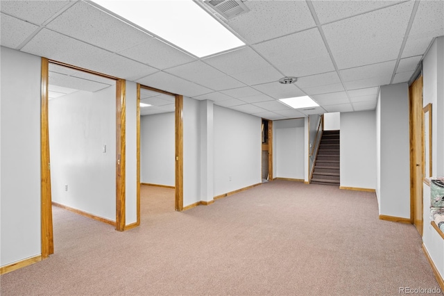 8725 Meadowlark Cir, Highlands Ranch, CO 80126 - finished basement featuring a drop ceiling, carpet, and stairs