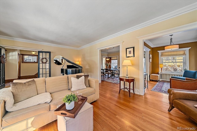 living room featuring ornamental molding and hardwood / wood-style floors