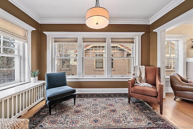 sitting room featuring crown molding and hardwood / wood-style flooring