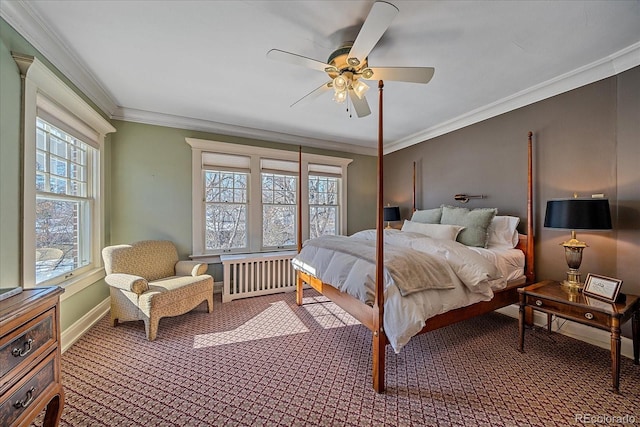 bedroom with crown molding, ceiling fan, radiator heating unit, and carpet floors