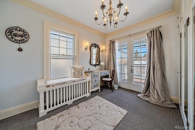 interior space featuring crown molding, dark carpet, and french doors