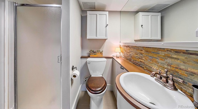 bathroom with toilet, an enclosed shower, sink, tasteful backsplash, and tile patterned flooring