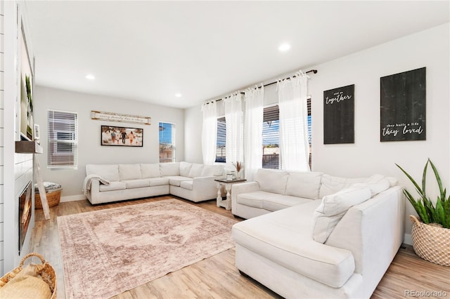 living room featuring hardwood / wood-style flooring and a tiled fireplace