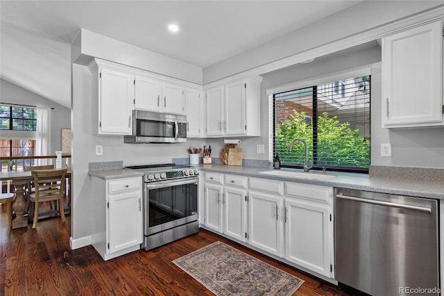 7968 S Trenton St, Centennial, CO 80112 - kitchen with appliances with stainless steel finishes, light countertops, white cabinetry, dark wood-style floors, and vaulted ceiling
