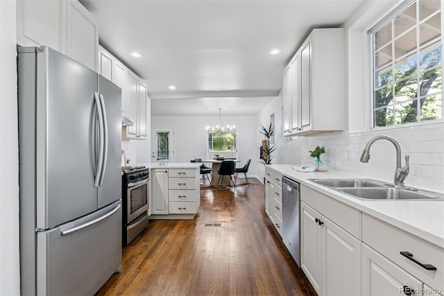 4003 Federal Blvd, Denver, CO 80211 - kitchen with appliances with stainless steel finishes, a sink, dark wood-style flooring, white cabinets, and recessed lighting