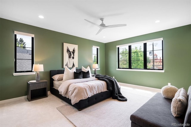bedroom with carpet flooring, a ceiling fan, recessed lighting, and baseboards