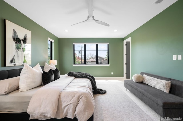 bedroom with carpet floors, recessed lighting, and ceiling fan