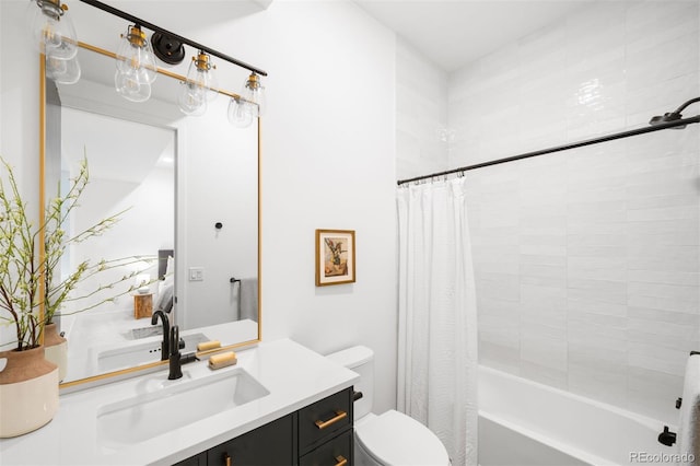 bathroom featuring toilet, shower / bath combination with curtain, and vanity
