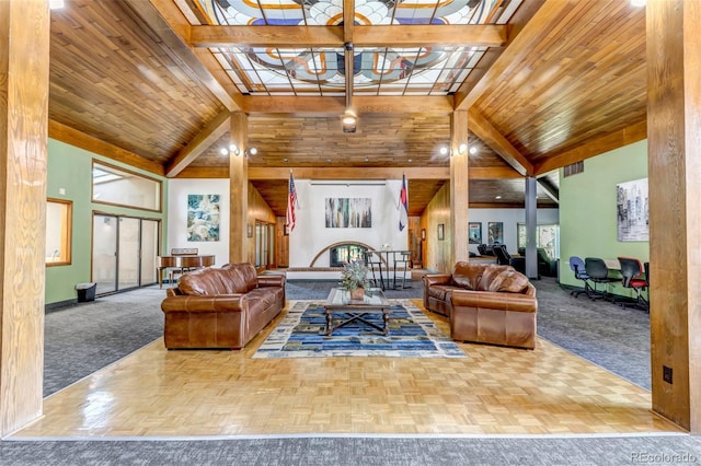 living room with wood ceiling, stairs, high vaulted ceiling, and beam ceiling