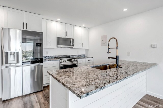 kitchen with light stone countertops, appliances with stainless steel finishes, a sink, wood finished floors, and a peninsula