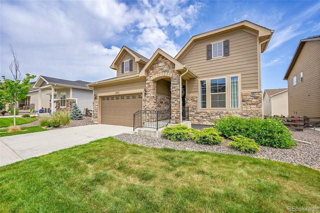 6335 E 143rd Dr, Thornton, CO 80602 - view of front of home with stone siding, driveway, a front yard, and an attached garage