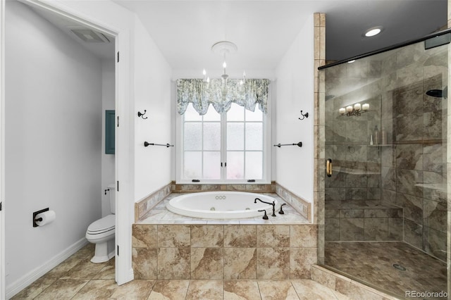 9151 E Harvard Ave, Denver, CO 80231 - full bathroom with a tub with jets, a shower stall, and a chandelier