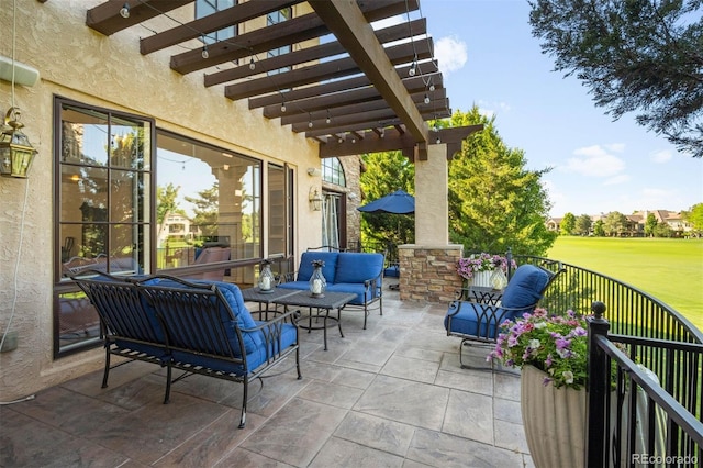 9151 E Harvard Ave, Denver, CO 80231 - view of patio featuring outdoor lounge area, a pergola, and view of golf course
