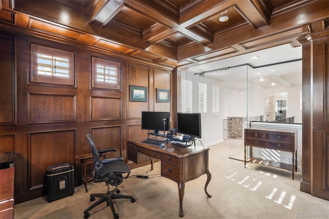 9151 E Harvard Ave, Denver, CO 80231 - office area featuring light colored carpet, a wood ceiling with exposed beams, ornamental molding, recessed lighting, and coffered ceiling