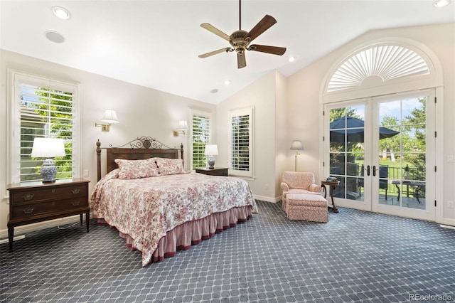 9151 E Harvard Ave, Denver, CO 80231 - bedroom featuring vaulted ceiling, carpet floors, access to outside, multiple windows, and french doors