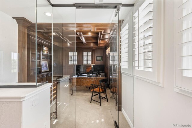 9151 E Harvard Ave, Denver, CO 80231 - office space featuring coffered ceiling, concrete floors, and beam ceiling