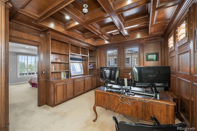 9151 E Harvard Ave, Denver, CO 80231 - office space featuring wooden ceiling, light colored carpet, built in features, wooden walls, and crown molding