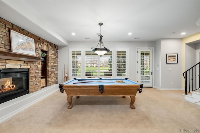 9151 E Harvard Ave, Denver, CO 80231 - recreation room featuring light carpet, billiards, recessed lighting, and a stone fireplace