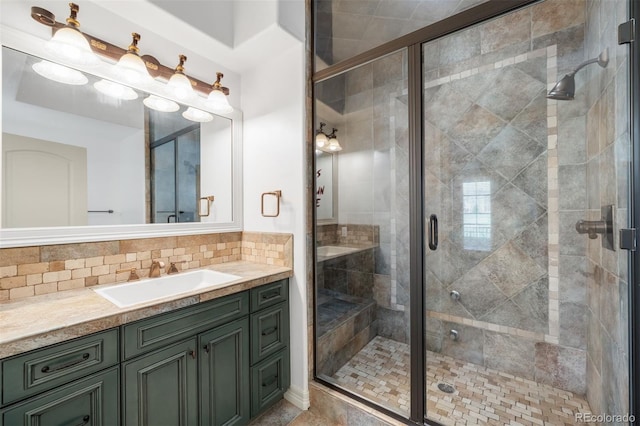 9151 E Harvard Ave, Denver, CO 80231 - bathroom featuring vanity, backsplash, and a stall shower