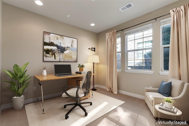 home office featuring recessed lighting, visible vents, baseboards, and carpet floors