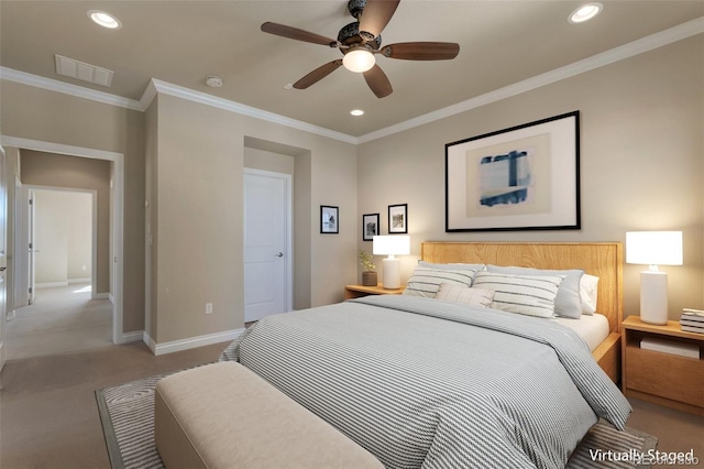 carpeted bedroom with recessed lighting, baseboards, visible vents, and ornamental molding