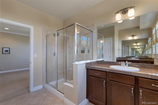 full bathroom with tile patterned flooring, a shower stall, vanity, and baseboards