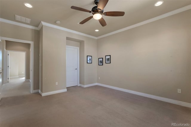 unfurnished bedroom with recessed lighting, visible vents, baseboards, and crown molding