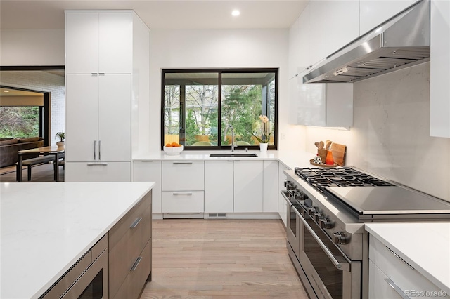 62 Jasmine St, Denver, CO 80220 - kitchen with range with two ovens, under cabinet range hood, modern cabinets, a sink, and light countertops