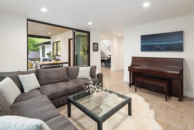 62 Jasmine St, Denver, CO 80220 - living room featuring stairs, recessed lighting, and baseboards