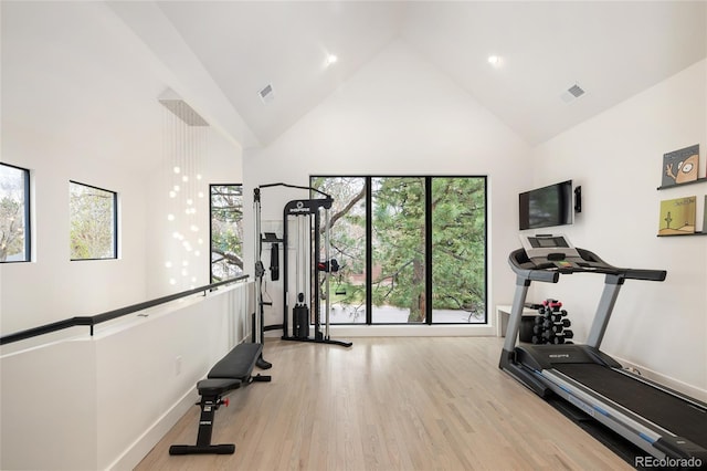 62 Jasmine St, Denver, CO 80220 - workout area with high vaulted ceiling, healthy amount of natural light, and wood finished floors