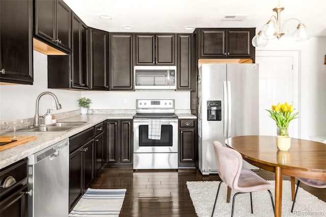 5025 Central Park Blvd, Denver, CO 80238 - kitchen featuring stainless steel appliances, a sink, light countertops, dark wood finished floors, and hanging light fixtures